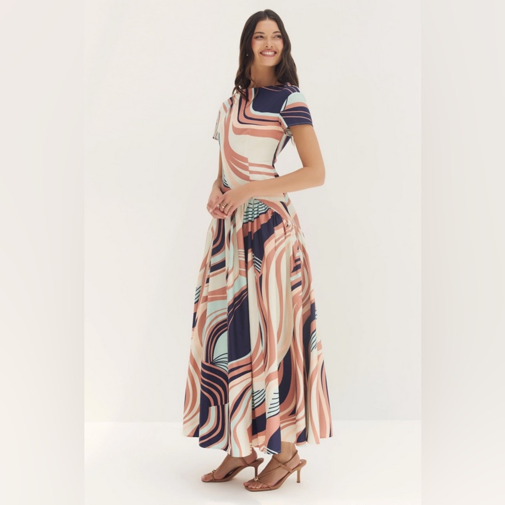 NWT Hutch Atley Dress in Wavy Geometric Multi Color Stretch Poplin in Size Small - Picture 5 of 13